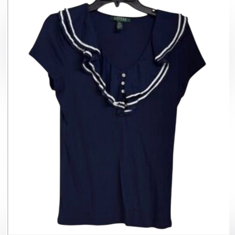 ⚓️Ralph Lauren Casual Summer Women Nautical Ruffle Short Sleeve Cotton Tee Sz 1X